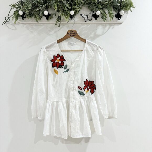 Madewell Tops - Madewell Embroidered Peplum Buttons Down Floral Top Row Back Pom Pom Small